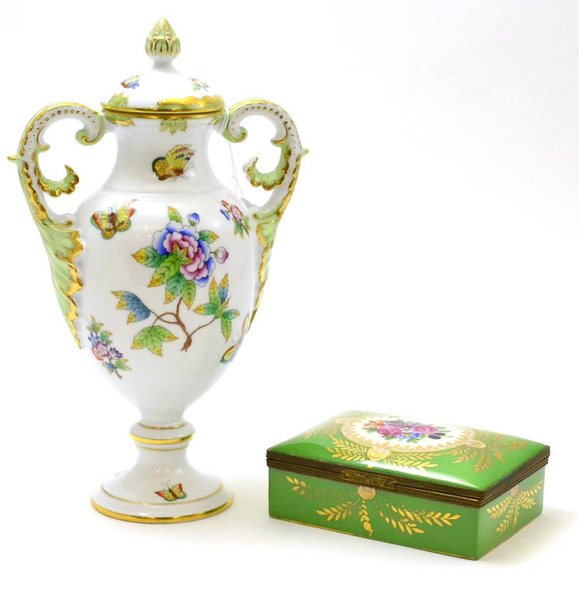 Lot 173 - Herend twin handled pedestal vase and cover and a Continental porcelain box and cover (2)