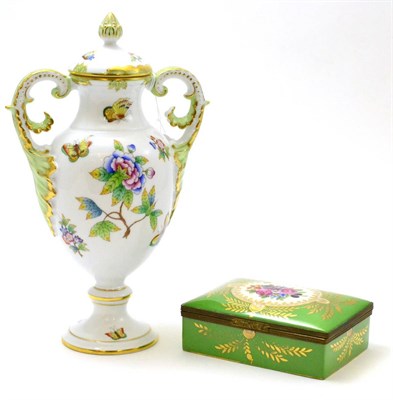 Lot 173 - Herend twin handled pedestal vase and cover and a Continental porcelain box and cover (2)