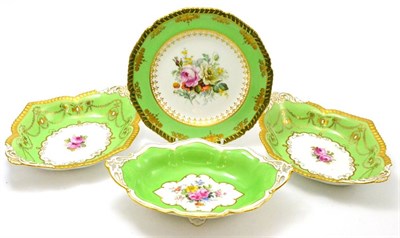 Lot 180 - A pair of Royal Crown Derby apple green oval dishes, another similar painted with flowers by...