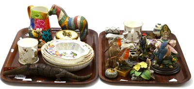 Lot 185 - Two trays of ornamental items including two Meissen later decorated dishes, Herend bowl,...