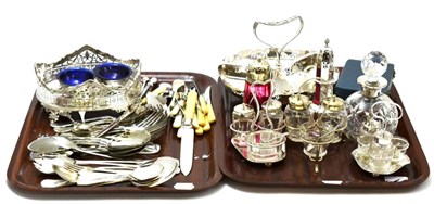 Lot 190 - A collection of silver and silver plate including a scent bottle, caster, flatware etc (on two...