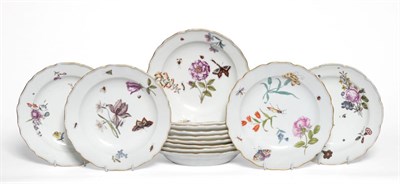 Lot 96 - A Set of Twelve Meissen Porcelain Dessert Plates, circa 1745, painted with Holzschnitt Blumen...