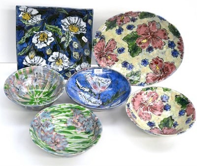 Lot 238 - Six Dartington pottery bowls and dishes, including pieces by Sue Fisher
