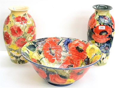 Lot 248 - Two vases and a bowl by Jonathan Cox `Farmer's Nightmare' and `Poppy Fields' (3)