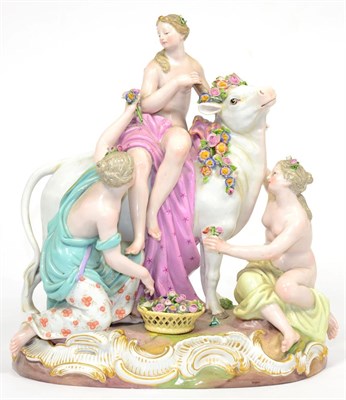 Lot 100 - A Meissen Porcelain Group of Europa and the Bull, circa 1880, the goddess sitting on the beast, two