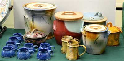 Lot 268 - Irish pottery bread crock and biscuit barrel, two Studio pottery mugs, etc
