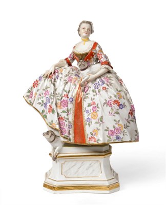 Lot 101 - A Meissen Porcelain Figure of the Mopsoden, circa 1900, the standing lady wearing a crinoline,...