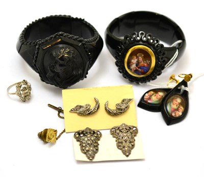 Lot 312 - Two Victorian jet bracelets, pair of Jet earrings, two pairs of marcasite earrings and ring and...