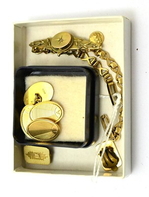 Lot 313 - Pair of 9ct gold cufflinks and a bar brooch mounted on a 9ct watch chain