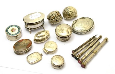 Lot 319 - A group of silver including a snail shell form snuff, five propelling pencils, locket boxes, etc