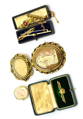 Lot 331 - Five assorted bar brooches, part of one other, a cameo brooch, a cameo locket brooch and a...