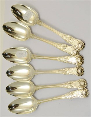 Lot 339 - A set of six silver Queens pattern tablespoons, London, various dates, crested