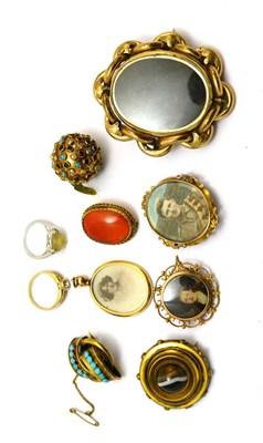 Lot 340 - A 9ct gold ring, 9ct white gold ring and various Victorian brooches and pendants including...