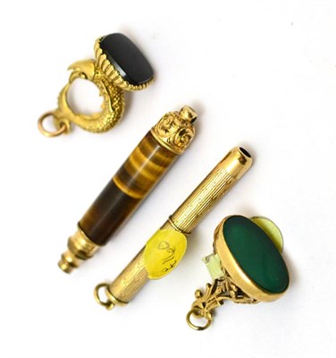 Lot 346 - A gold propelling toothpick, two gold fobs and a tigers eye propelling pencil (4)
