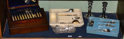 Lot 354 - A quantity of silver plated part flatware sets, pair of plated candlesticks, novelty fish, etc