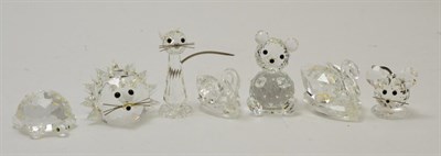 Lot 370 - Seven Swarovski glass figures comprising: Bear, Cat, Mouse, Hedgehog, two Swans and Tortoise