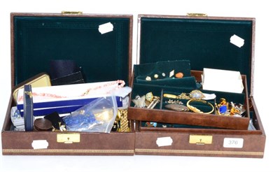 Lot 376 - Two jewellery boxes containing a quantity of costume jewellery and coins