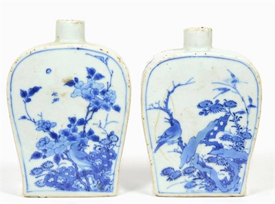 Lot 117 - A Pair of Chinese Porcelain Flasks, Kangxi, of flattened baluster form, painted in underglaze...