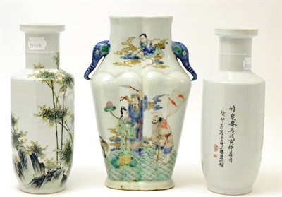 Lot 385 - A group of three Chinese polychrome vases, two decorated with bamboo, the other with figures
