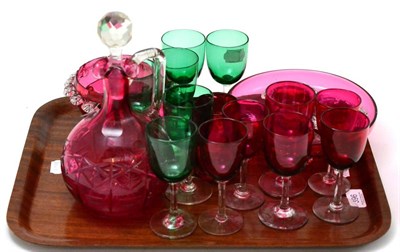 Lot 396 - A tray of cranberry and emerald glassware