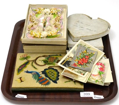 Lot 399 - A group of 19th century sweet heart cards, circa 1870's, together with a needlework covered...