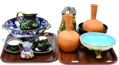 Lot 407 - A Wedgwood Majolica jug, a pair of terracotta bottle vases, a Minton type majolica dish,...