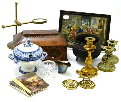 Lot 415 - Brass magnifying glass, candlesticks, a small iron cauldron, a leather casket, print etc (on...