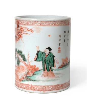 Lot 122 - A Chinese Porcelain Brush Pot, of cylindrical form, painted in famille verte enamels with...