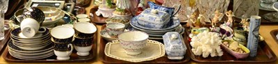 Lot 425 - Three trays comprising a Belleek pierced dish, pot lid, two 19th century tea bowls and a...