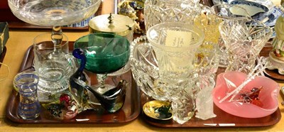 Lot 428 - Two trays of glass comprising pedestal centre bowl, vases, bowl, plated and cut glass biscuit...