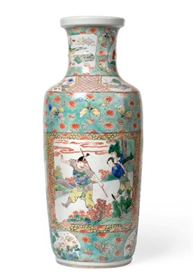 Lot 123 - A Chinese Porcelain Rouleau Vase, painted in famille verte enamels with figures in landscape in...