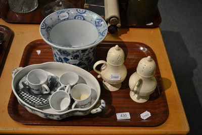 Lot 430 - Tray of ceramics including a coffee set, a pair of creamware pepperettes, a Chinese blue and...