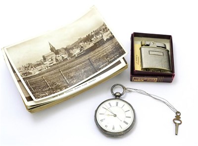 Lot 433 - A gentleman's silver cased key wind pocket watch and a small quantity of postcards and a Ronson...