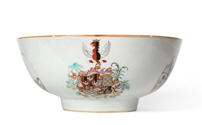 Lot 125 - A Chinese Armorial Porcelain Punch Bowl, Qianlong, painted in famille rose enamels with the arms of