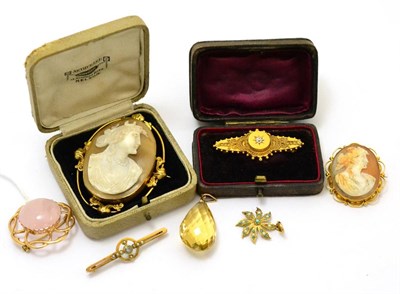 Lot 450 - A 15ct gold diamond set brooch, brooch stamped 15ct, 9ct gold stone set brooch, two cameo...