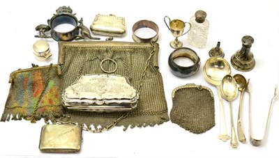 Lot 453 - A tray of silver and plated items comprising, three white metal mesh purses, two silver mounted...