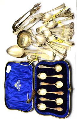 Lot 457 - A group of silver flatware including a pair of Edinburgh serving spoons, a set of six Edinburgh...