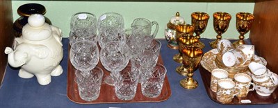 Lot 467 - Woods elephant teapot, six gilt metal goblets, Webbs Corbett cut glasses, Satsuma vase and...