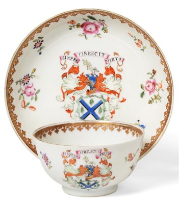 Lot 133 - A Chinese Armorial Porcelain Tea Bowl and Saucer, Qianlong, painted in famille rose enamels...