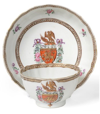 Lot 135 - A Chinese Armorial Porcelain Tea Bowl and Saucer, Qianlong, painted in famille rose enamels...