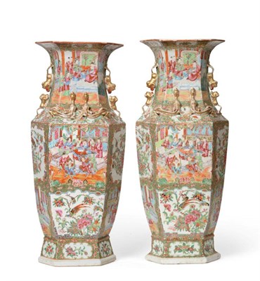 Lot 139 - A Pair of Cantonese Porcelain Vases, mid 19th century, of hexagonal baluster form, the...