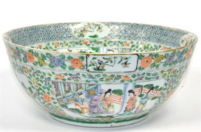 Lot 143 - A Chinese Porcelain Punch Bowl, 19th century, painted in famille verte enamels with figures in...