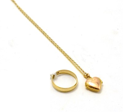 Lot 536 - 9ct gold band ring, 9ct gold heart locket on a fine 9ct box link chain, and a diamond ring, stamped