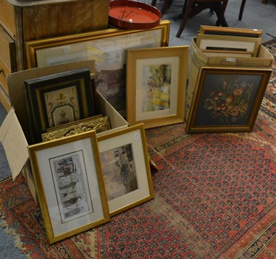 Lot 1009 - A woolwork picture, a similar smaller picture and a quantity of modern pictures and prints