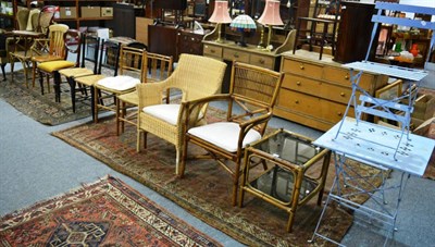 Lot 1010 - Blue painted garden table and two chairs, bamboo conservatory table, a wing armchair and ten...