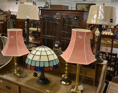 Lot 1018 - Two pairs of table lamps and shades, a table lamp with Tiffany type shade and two other table lamps