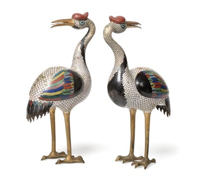 Lot 151 - A Pair of Chinese Cloisonné Figures of Cranes, Qing Dynasty, probably 19th century, each...