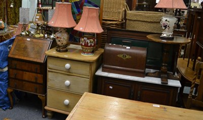 Lot 1036 - A walnut small bureau, pine three height chest, stained glass fire screen, sewing machine,...