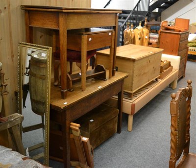 Lot 1038 - Two blond oak fold-over tea tables, pitch pine box seat stool, an ottoman stool, dressing...