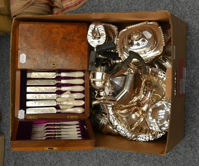 Lot 1058 - A group of silver plate including a cased set of mother-of-pearl handled dessert knives and...